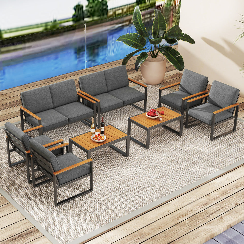 Modern patio aluminum sofa set with grey cushions and wood-plastic armrests, ideal for balcony and outdoor relaxation.