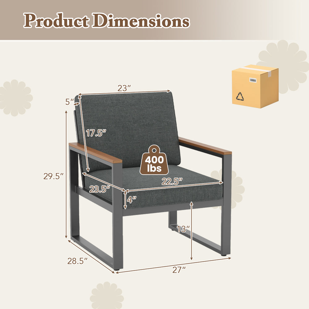 Patio aluminum armchair dimensions with grey cushions, supporting 400 lbs, ideal for balcony or outdoor use.