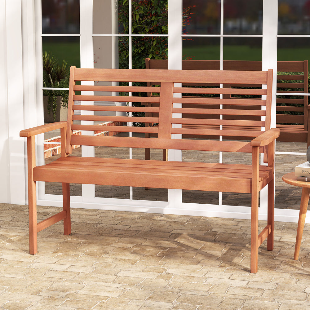 Patio solid wood loveseat bench with inclined backrest and slatted seat, perfect for outdoor relaxation on patios or.