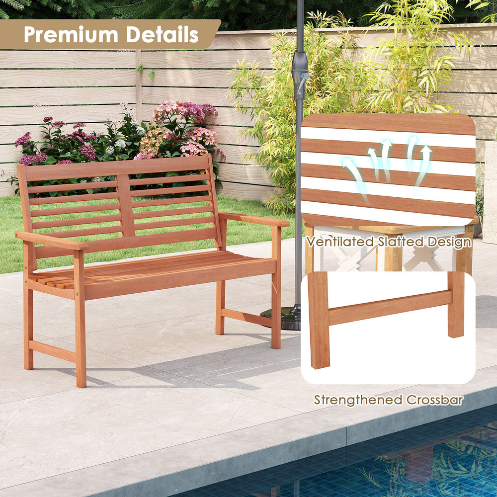 Patio solid wood loveseat with inclined backrest and ventilated slatted design, perfect for outdoor relaxation.