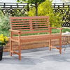 Solid wood loveseat outdoor bench with slatted seat and inclined backrest, perfect for patios and gardens.