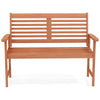 Patio solid wood loveseat bench with slatted seat and inclined backrest, perfect for outdoor relaxation in gardens or.