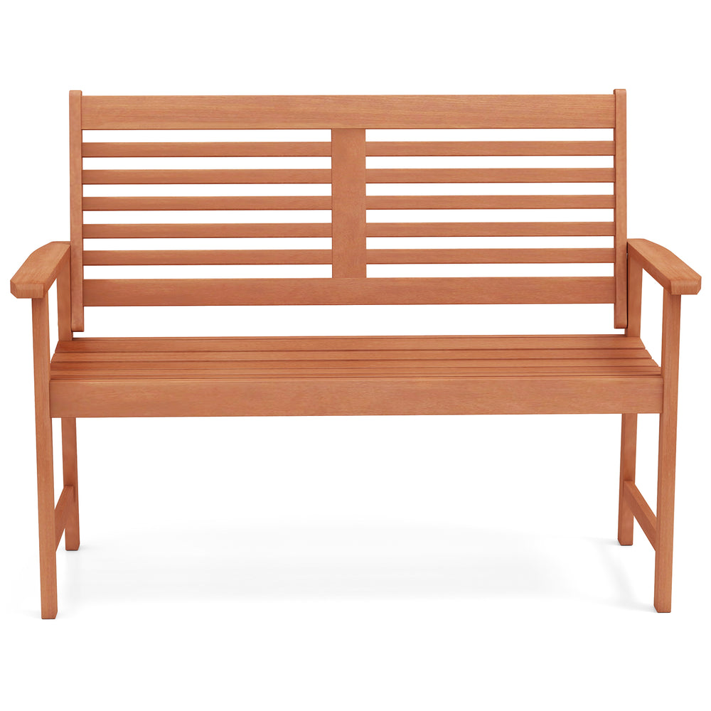 Patio solid wood loveseat bench with slatted seat and inclined backrest, perfect for outdoor relaxation in gardens or.