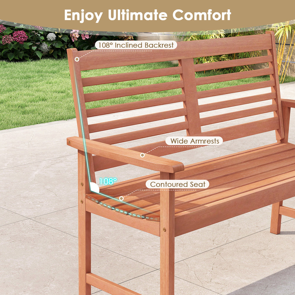 Patio solid wood loveseat featuring a 108° inclined backrest and wide armrests, perfect for outdoor relaxation.