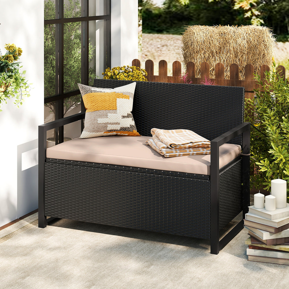 Patio Storage Bench Outdoor Wicker Loveseat with Built-in Storage - Gallery View 1 of 10