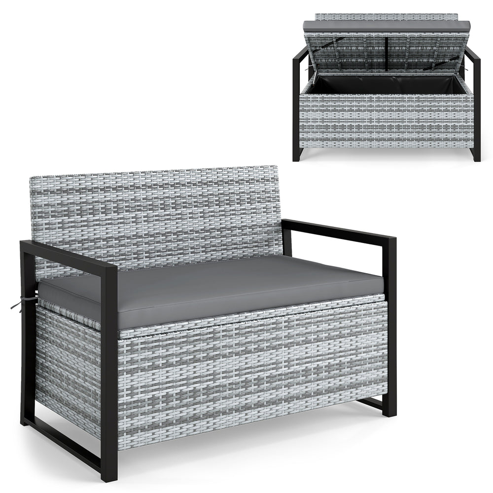 Patio storage bench loveseat in gray wicker with built-in storage, ergonomic backrest, and heavy-duty metal frame.