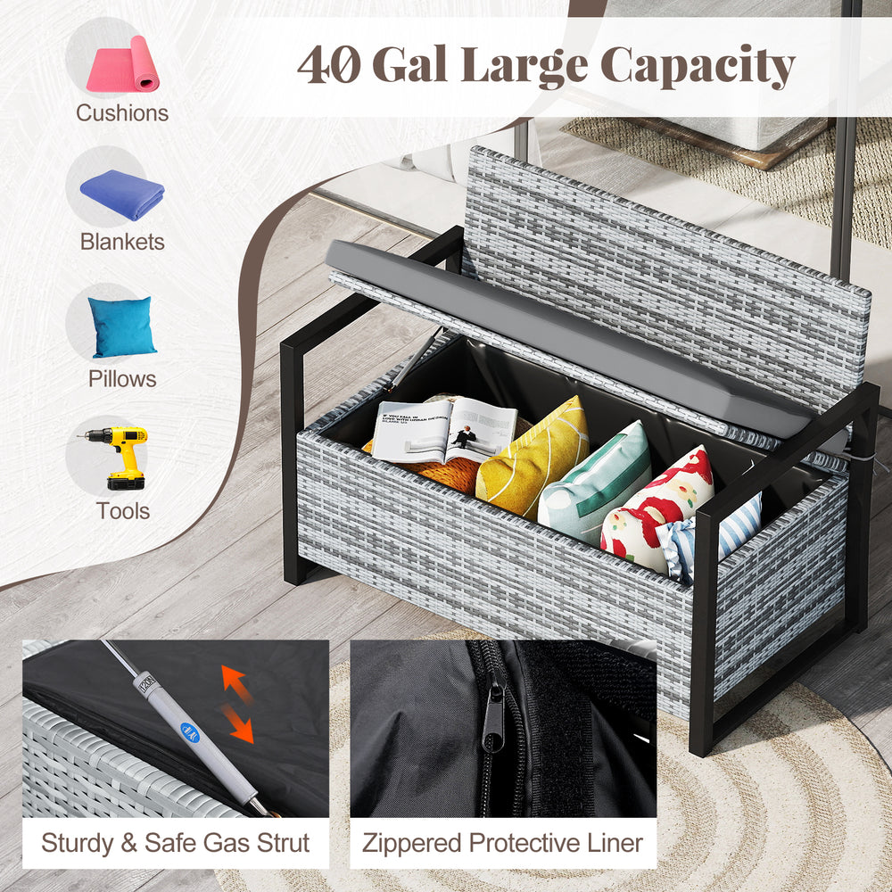 Patio storage bench with built-in 40 gal storage, gray wicker design, ideal for backyard or poolside use.