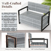 Gray PE-rattan patio storage bench with heavy-duty metal frame, 105° inclined backrest, ideal for outdoor relaxation.