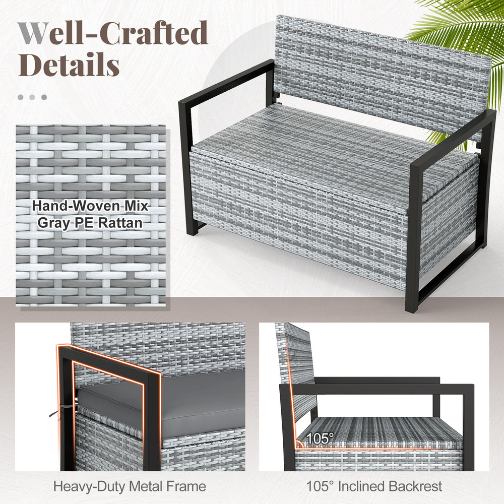 Gray PE-rattan patio storage bench with heavy-duty metal frame, 105° inclined backrest, ideal for outdoor relaxation.