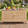 Patio storage cabinet with stainless steel countertop and L-shaped shelf, perfect for organizing tools and tableware outdoors.