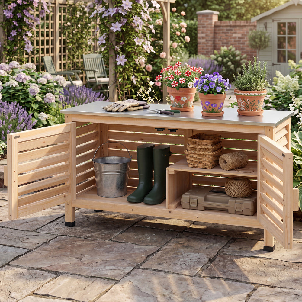 Patio storage cabinet with stainless steel countertop and L-shaped shelf, perfect for organizing garden tools and supplies.