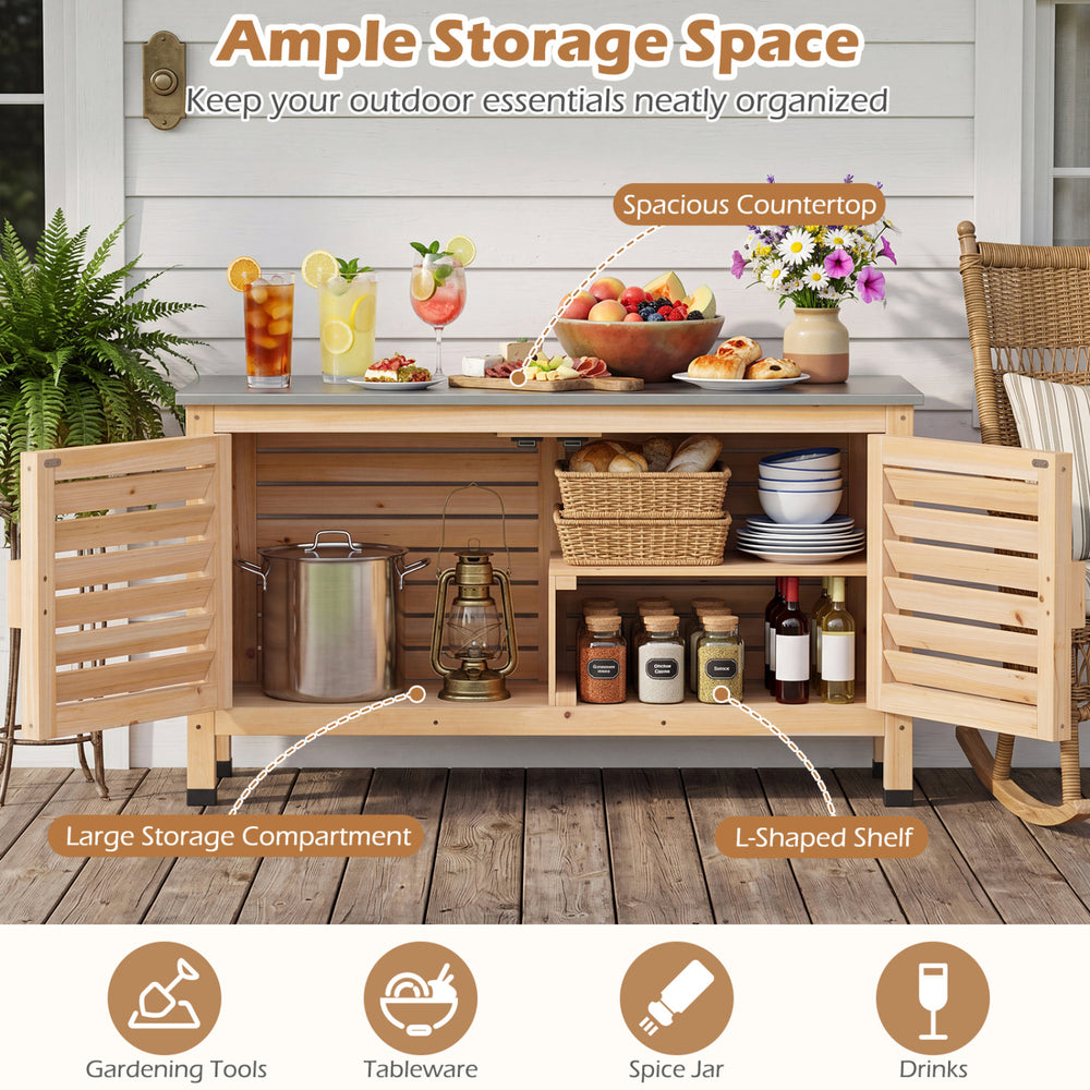 Patio storage cabinet features a stainless steel countertop, L-shaped shelf, and ample storage for garden essentials.