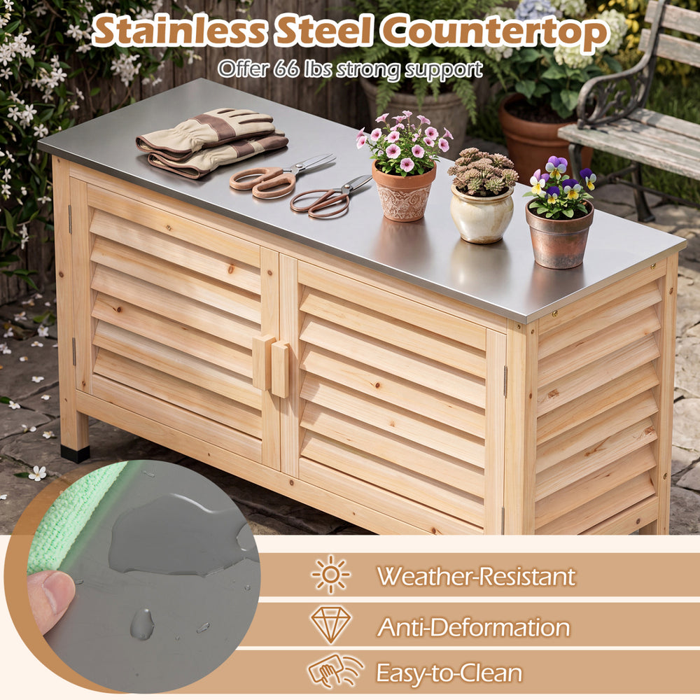 Patio storage cabinet with a stainless steel countertop, featuring ample storage and weather-resistant fir wood for outdoor use.