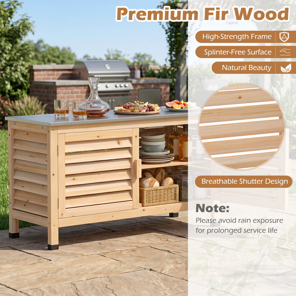 Patio storage cabinet made of premium fir wood with stainless steel countertop, ideal for garden organization and ventilation.