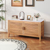 Acacia wood patio storage cabinet with faux marble top, featuring 2 doors and ample shelving for outdoor essentials.