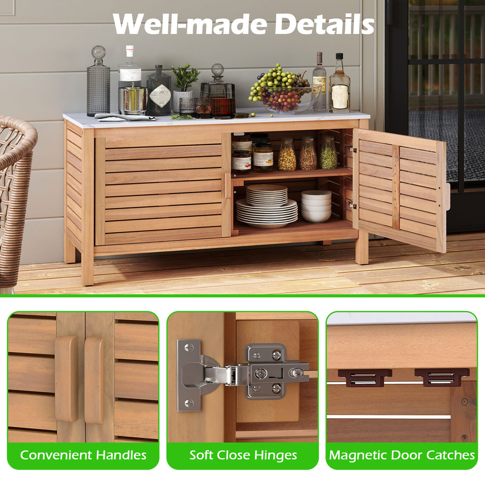 Patio storage cabinet with acacia wood, faux marble top, and soft close hinges, ideal for outdoor organization.