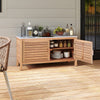 Acacia wood patio storage cabinet with faux marble top, featuring two doors and ample shelving for outdoor essentials.