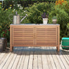 Faux marble tabletop of the patio storage cabinet complements the solid acacia wood, enhancing outdoor aesthetic appeal.