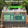 Patio storage cabinet with acacia wood, faux marble top, and ample shelving for outdoor essentials, ideal for backyard.
