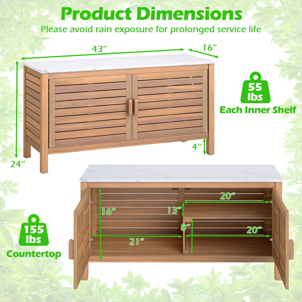 Patio storage cabinet with acacia wood, faux marble top, and adjustable shelves for outdoor organization and style.