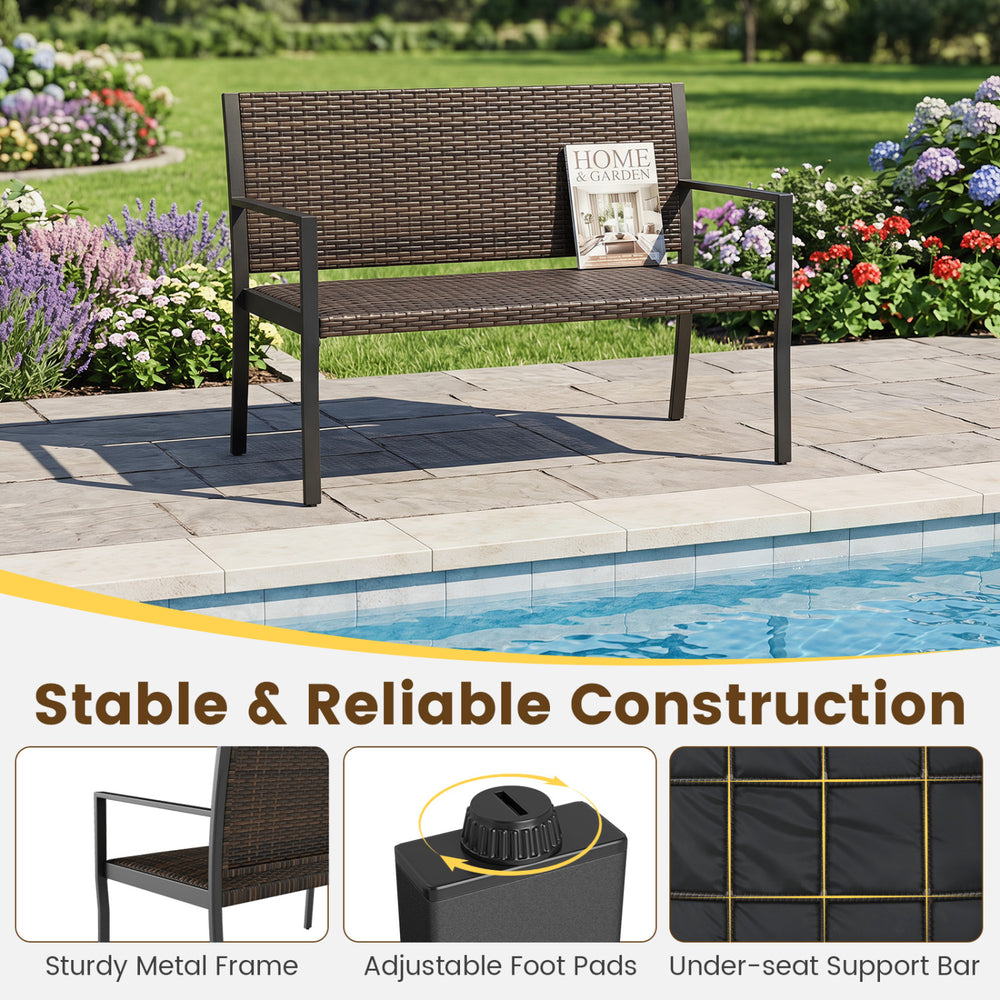 Patio sun-proof rattan loveseat with soft sponge seat, sturdy metal frame, and adjustable foot pads for outdoor comfort.