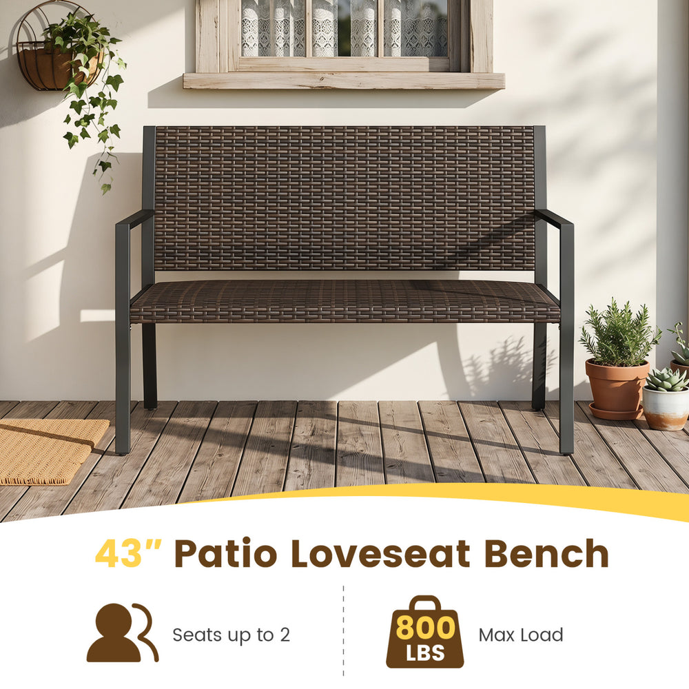 43” patio loveseat bench in sun-proof brown rattan with soft sponge seat, supports 800 lbs, ideal for outdoor.