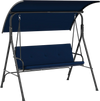Patio swing chair with adjustable navy canopy and removable cushion, perfect for backyard relaxation and outdoor.