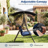 Patio swing chair with adjustable sun-protective canopy, removable cushion, and sturdy metal stand for outdoor comfort.