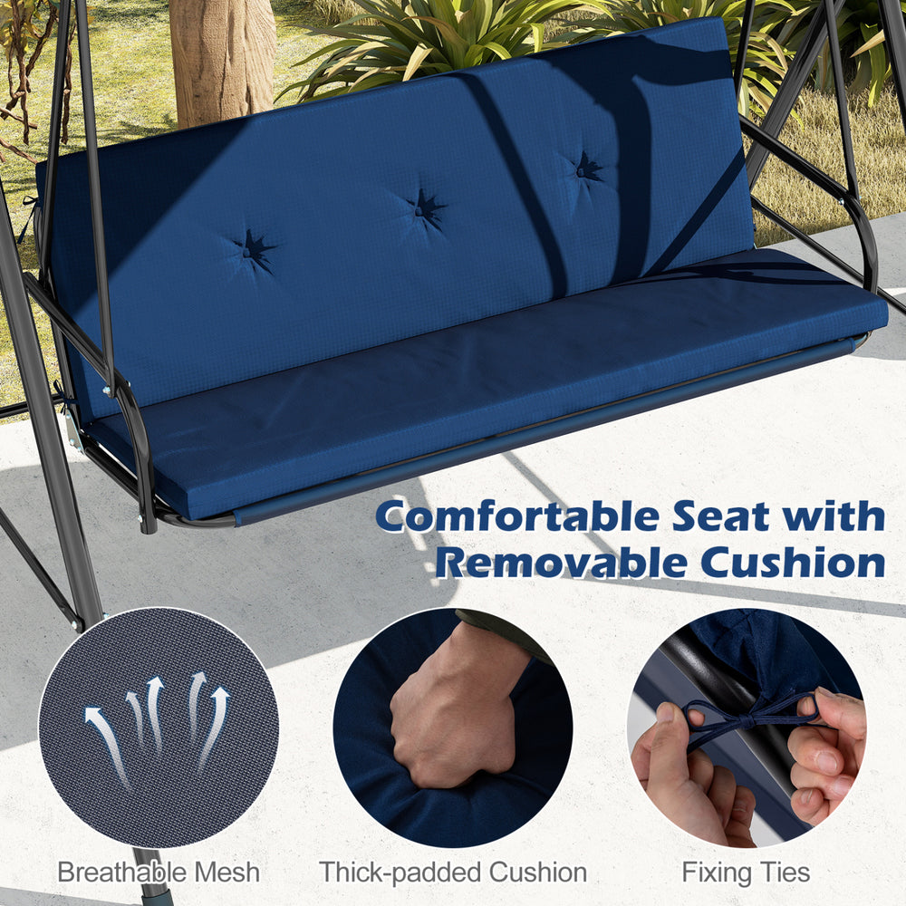 Patio swing chair with removable navy cushion, adjustable canopy, and sturdy metal frame for outdoor relaxation.