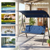 Patio swing chair with adjustable navy canopy and removable cushion, perfect for backyard, porch, or poolside.