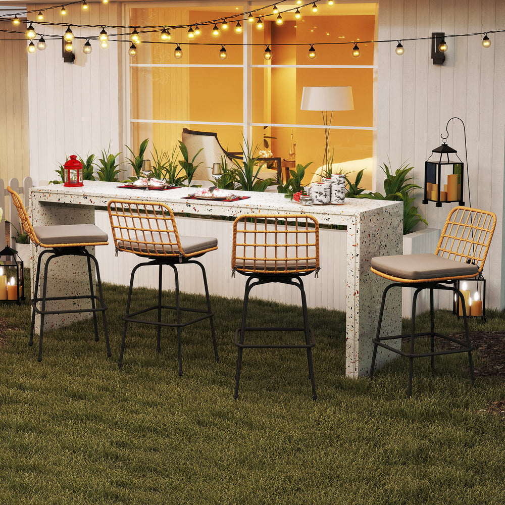 Patio swivel barstools set of 2 with gray soft seat cushions, featuring rattan seats, ideal for backyard or poolside.