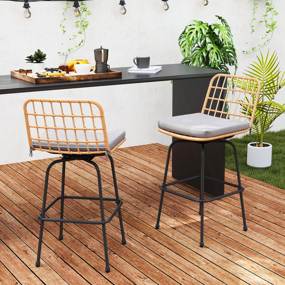 Patio swivel barstools set of 2 with gray soft seat cushions, featuring rattan seats and sturdy metal frames for.