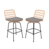 Set of 2 patio swivel barstools with gray soft seat cushions and rattan back, ideal for backyard or poolside use.