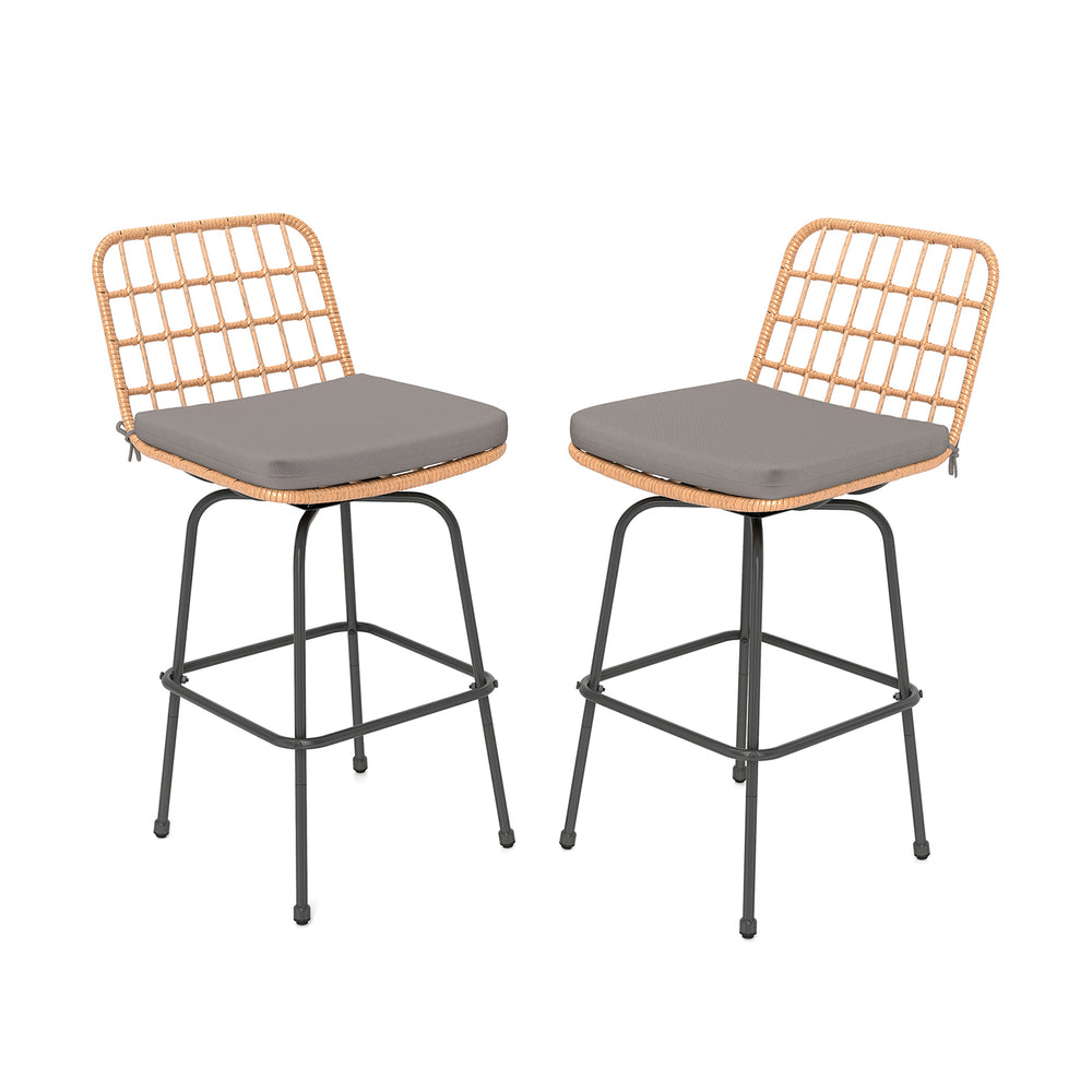 Set of 2 patio swivel barstools with gray soft seat cushions and rattan back, ideal for backyard or poolside use.