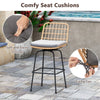 Patio swivel barstool with gray soft seat cushion, featuring rattan design and sturdy metal frame for outdoor use.