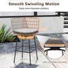 Patio swivel barstool with gray soft seat cushion, rattan back, and heavy-duty metal frame for outdoor relaxation.