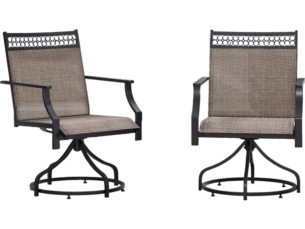 Patio swivel dining chairs set of 2 with brown fabric and heavy-duty metal frame, perfect for outdoor relaxation.