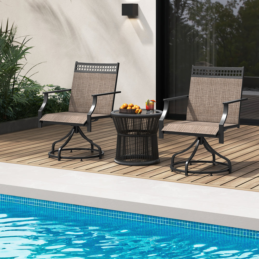 Patio swivel dining chairs set of 2 with heavy-duty metal frame and armrests, perfect for poolside relaxation.
