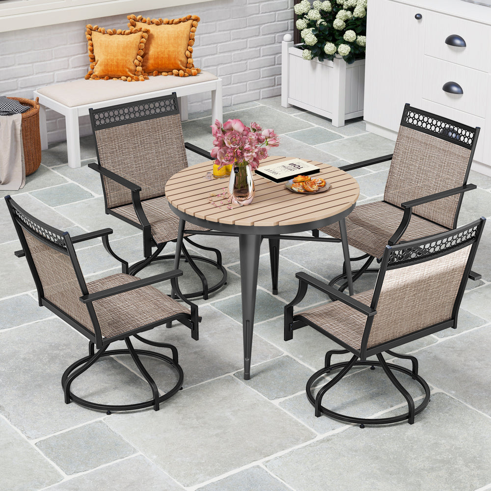 Brown patio swivel dining chairs set of 2 with heavy-duty metal frame, perfect for outdoor relaxation and dining.