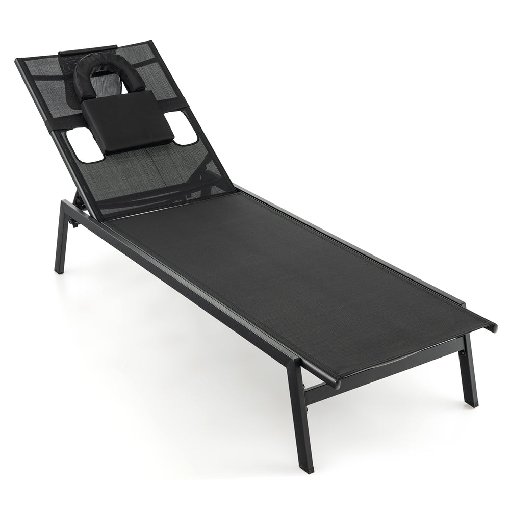 Black patio sunbathing lounge chair with adjustable 5-position backrest and headrest pillow for poolside relaxation.
