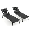Black patio sunbathing lounge chairs with adjustable 5-position backrest and headrest pillows for poolside relaxation.
