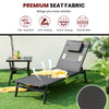 Adjustable black patio sunbathing lounge chair with headrest pillow, featuring durable, breathable fabric for outdoor.