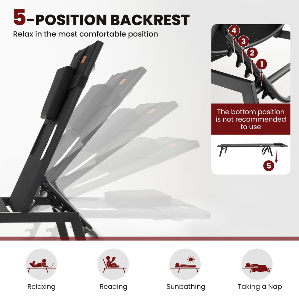 5-position adjustable backrest of a black patio sunbathing lounge chair, ideal for relaxing by the poolside or balcony.