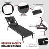 Black patio sunbathing lounge chair with adjustable 5-position backrest, headrest pillow, and anti-slip footpads for.