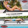 Adjustable black patio sunbathing lounge chair with headrest, shown face up and face down, ideal for poolside.