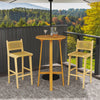 Teak wood bar stool with rattan backrest, featuring a natural finish, ideal for patio or poolside relaxation.