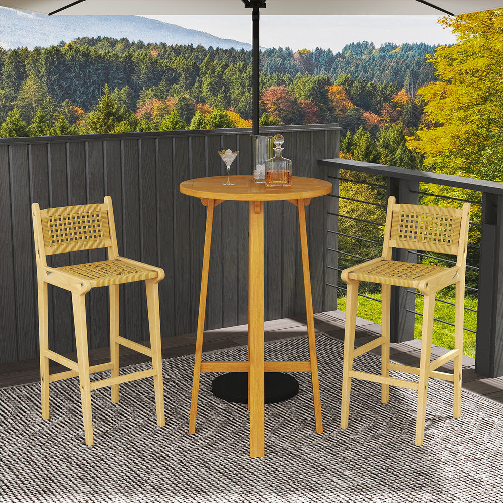 Teak wood bar stool with rattan backrest, featuring a natural finish, ideal for patio or poolside relaxation.