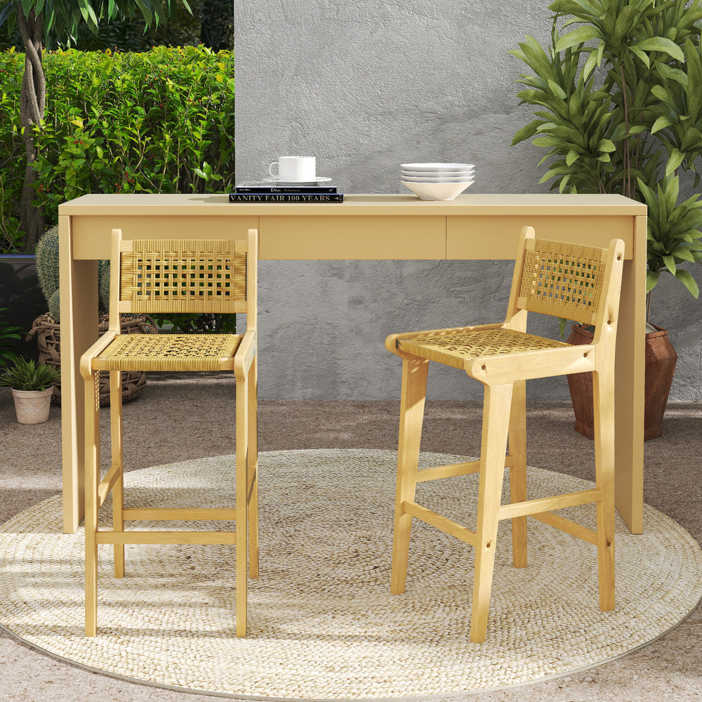 Teak wood bar stool with rattan backrest and seat, ideal for patio or kitchen counters, featuring ergonomic design.