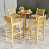 Patio teak wood bar stool with rattan backrest, featuring a natural finish, ideal for outdoor relaxation and bar tables.