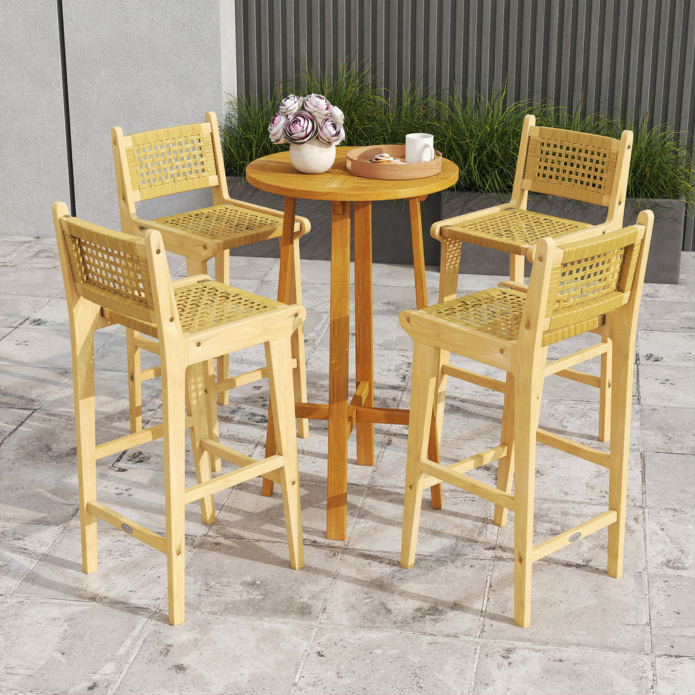 Patio teak wood bar stool with rattan backrest, featuring a natural finish, ideal for outdoor relaxation and bar tables.